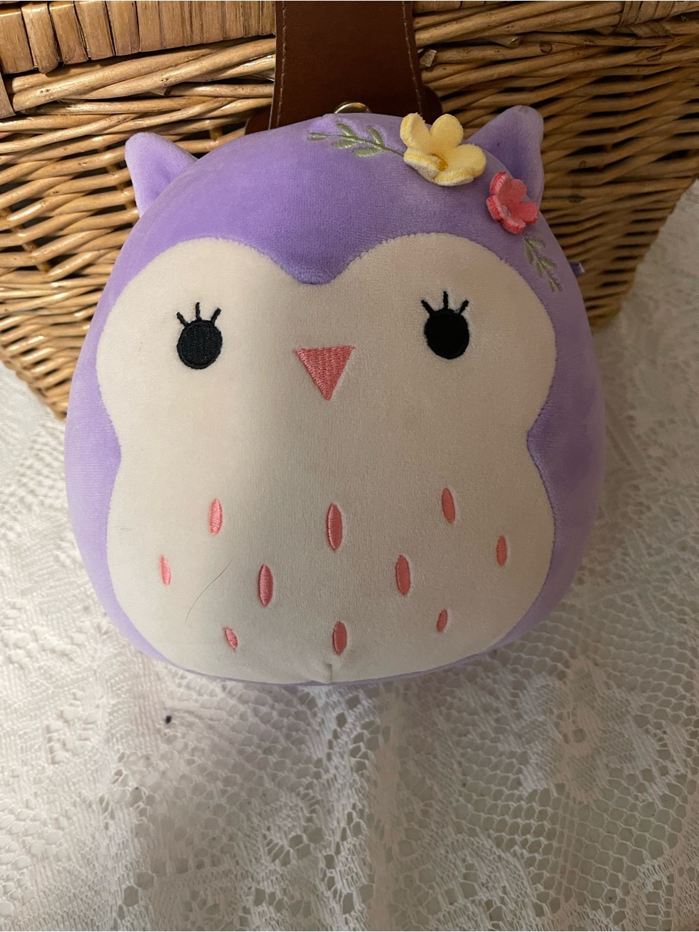Squishmallows Purple Owl Plush Accent Pillow with Cream Face and Pink Details